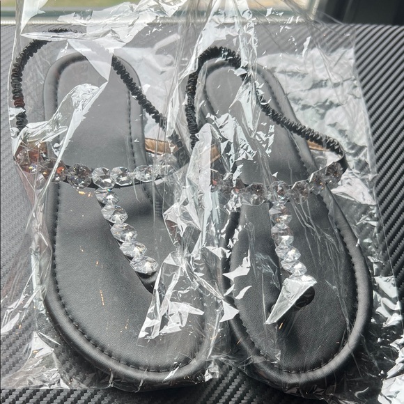 NEW Black Crystal Embellished Sandals! Bohemian Rhinestone Roman Thong Flat - Picture 10 of 11